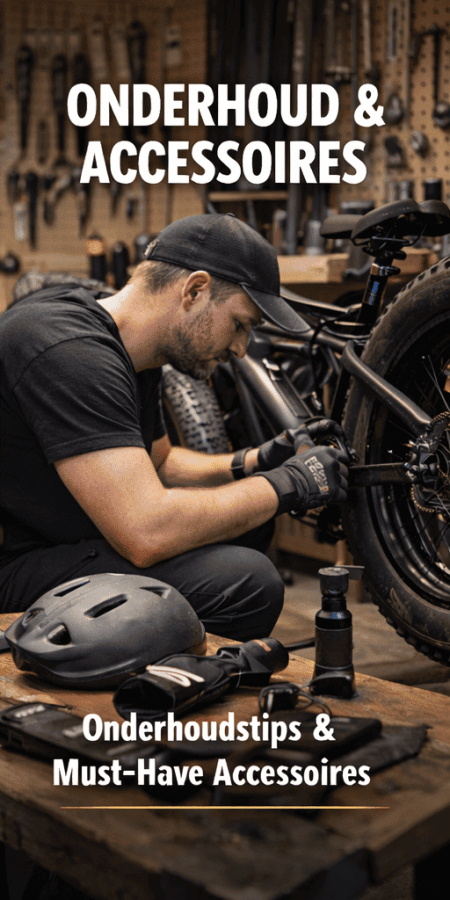 Man voert onderhoud uit aan een fatbike met accessoires in werkplaats.